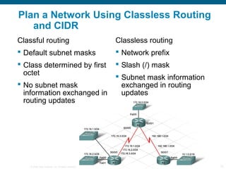 Plan a Network Using Classless Routing
   and CIDR
Classful routing                                                     Classless routing
 Default subnet masks                                                Network prefix
 Class determined by first                                           Slash (/) mask
  octet
                                                                      Subnet mask information
 No subnet mask                                                       exchanged in routing
  information exchanged in                                             updates
  routing updates




    © 2006 Cisco Systems, Inc. All rights reserved.   Cisco Public                               12
 