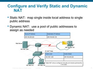 Configure and Verify Static and Dynamic
  NAT
 Static NAT: map single inside local address to single
  public address
 Dynamic NAT: use a pool of public addresses to
  assign as needed




   © 2006 Cisco Systems, Inc. All rights reserved.   Cisco Public   19
 