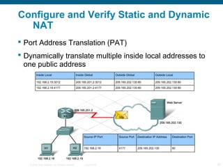 Configure and Verify Static and Dynamic
  NAT
 Port Address Translation (PAT)
 Dynamically translate multiple inside local addresses to
  one public address




   © 2006 Cisco Systems, Inc. All rights reserved.   Cisco Public   20
 