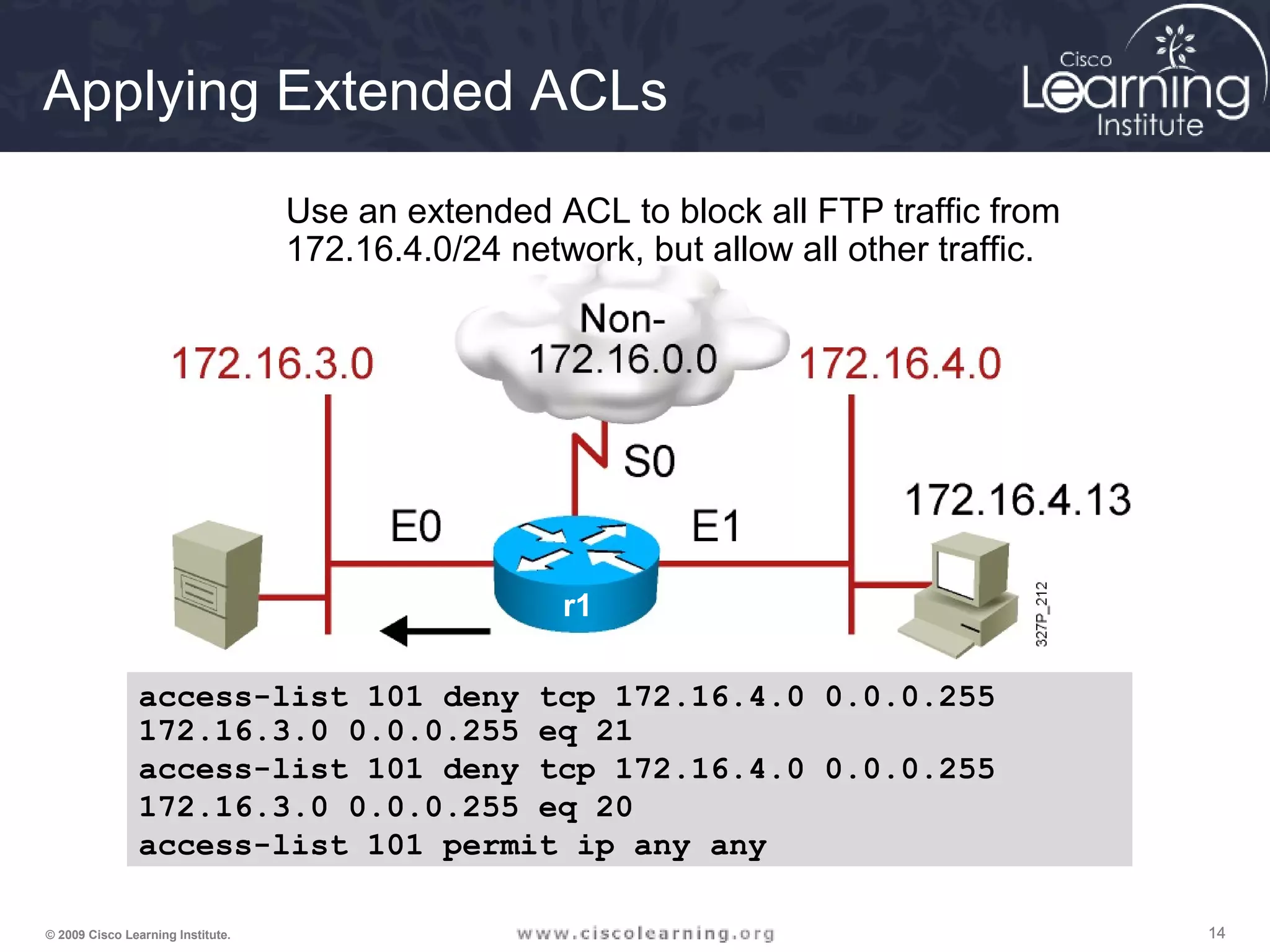 141414© 2009 Cisco Learning Institute.
Applying Extended ACLs
r1
Use an extended ACL to block all FTP traffic from
172.16.4.0/24 network, but allow all other traffic.
access-list 101 deny tcp 172.16.4.0 0.0.0.255
172.16.3.0 0.0.0.255 eq 21
access-list 101 deny tcp 172.16.4.0 0.0.0.255
172.16.3.0 0.0.0.255 eq 20
access-list 101 permit ip any any
 