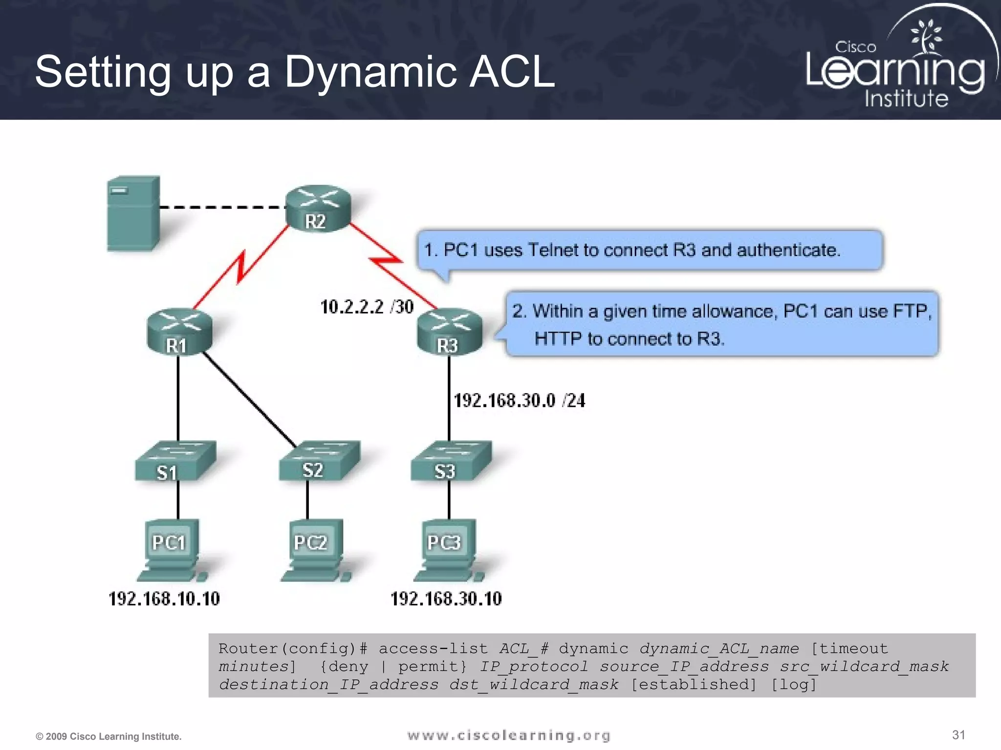 313131© 2009 Cisco Learning Institute.
Setting up a Dynamic ACL
Router(config)# access-list ACL_# dynamic dynamic_ACL_name [timeout
minutes] {deny | permit} IP_protocol source_IP_address src_wildcard_mask
destination_IP_address dst_wildcard_mask [established] [log]
 