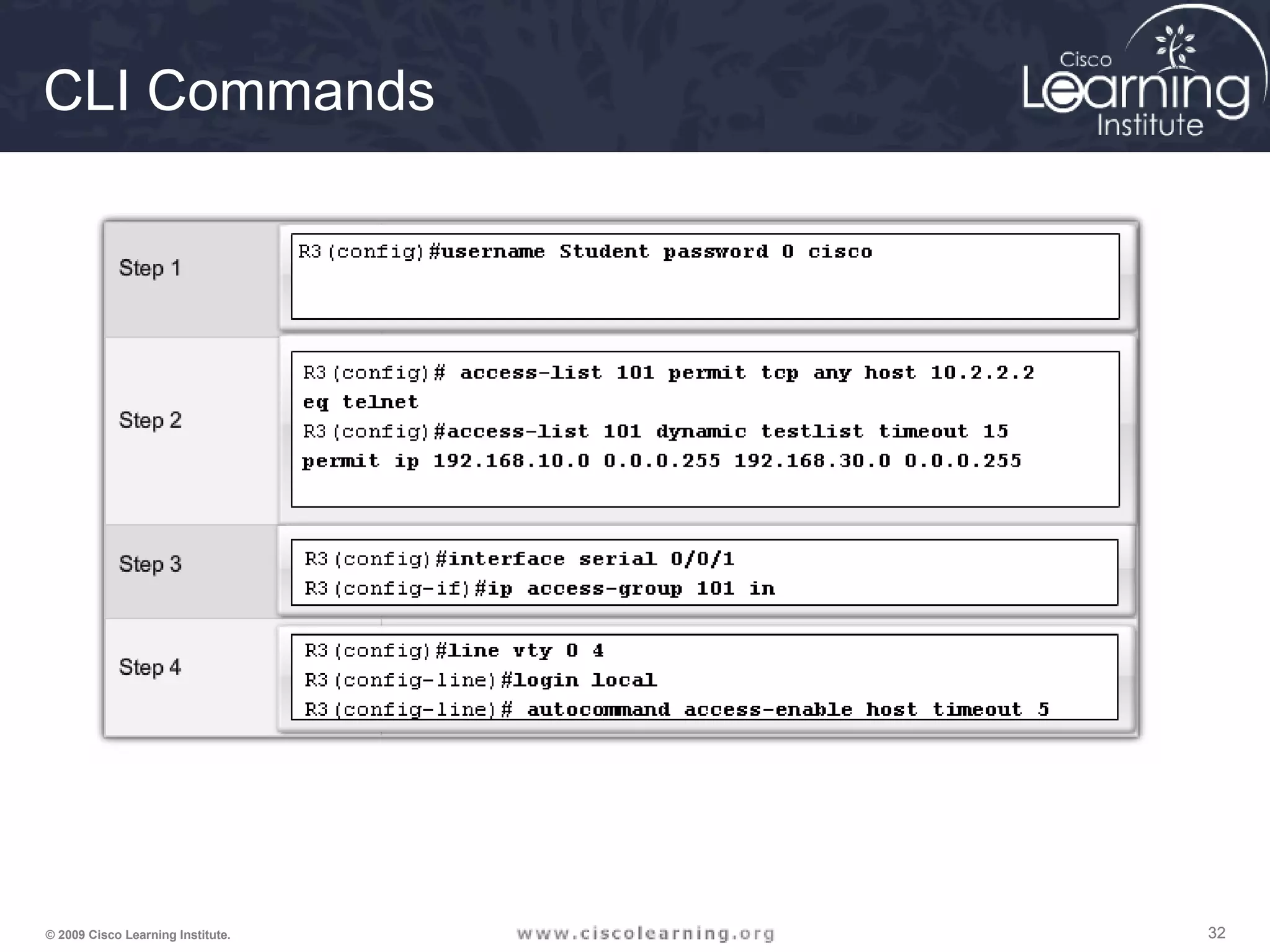 323232© 2009 Cisco Learning Institute.
CLI Commands
 