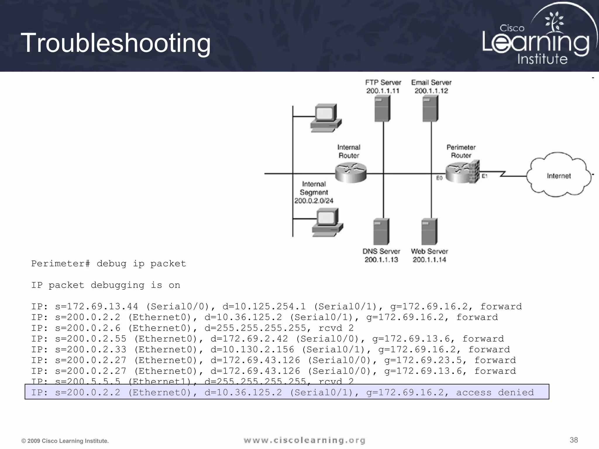 383838© 2009 Cisco Learning Institute.
Perimeter# debug ip packet
IP packet debugging is on
IP: s=172.69.13.44 (Serial0/0), d=10.125.254.1 (Serial0/1), g=172.69.16.2, forward
IP: s=200.0.2.2 (Ethernet0), d=10.36.125.2 (Serial0/1), g=172.69.16.2, forward
IP: s=200.0.2.6 (Ethernet0), d=255.255.255.255, rcvd 2
IP: s=200.0.2.55 (Ethernet0), d=172.69.2.42 (Serial0/0), g=172.69.13.6, forward
IP: s=200.0.2.33 (Ethernet0), d=10.130.2.156 (Serial0/1), g=172.69.16.2, forward
IP: s=200.0.2.27 (Ethernet0), d=172.69.43.126 (Serial0/0), g=172.69.23.5, forward
IP: s=200.0.2.27 (Ethernet0), d=172.69.43.126 (Serial0/0), g=172.69.13.6, forward
IP: s=200.5.5.5 (Ethernet1), d=255.255.255.255, rcvd 2
IP: s=200.0.2.2 (Ethernet0), d=10.36.125.2 (Serial0/1), g=172.69.16.2, access denied
Troubleshooting
 