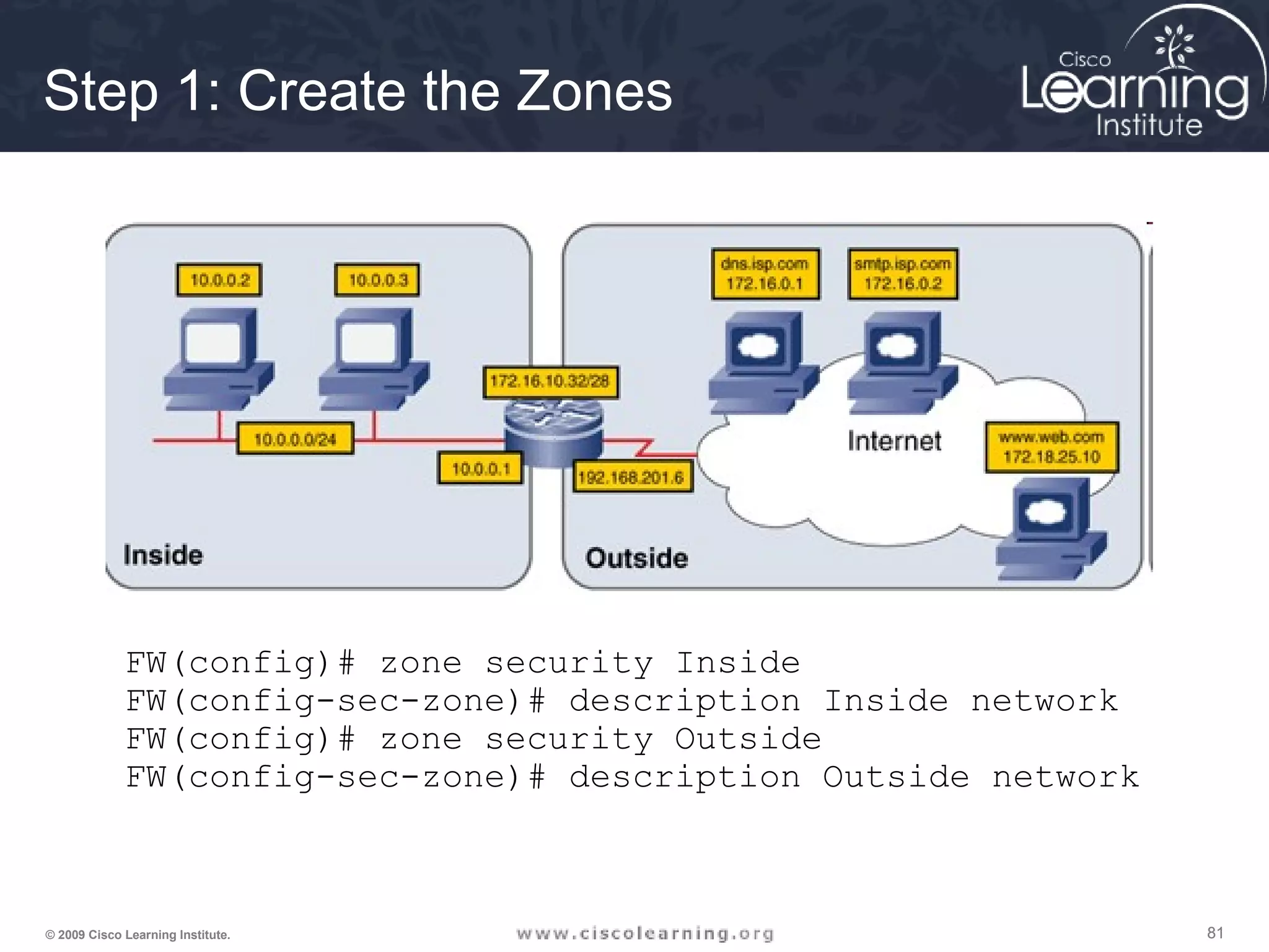 818181© 2009 Cisco Learning Institute.
Step 1: Create the Zones
FW(config)# zone security Inside
FW(config-sec-zone)# description Inside network
FW(config)# zone security Outside
FW(config-sec-zone)# description Outside network
 
