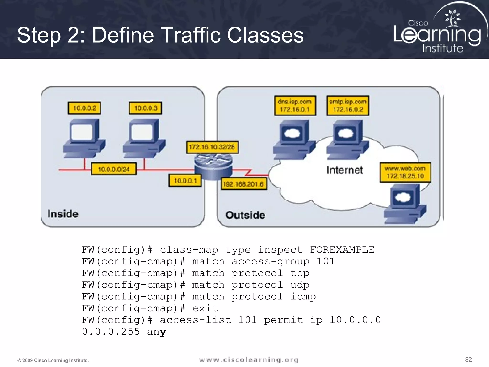 828282© 2009 Cisco Learning Institute.
Step 2: Define Traffic Classes
FW(config)# class-map type inspect FOREXAMPLE
FW(config-cmap)# match access-group 101
FW(config-cmap)# match protocol tcp
FW(config-cmap)# match protocol udp
FW(config-cmap)# match protocol icmp
FW(config-cmap)# exit
FW(config)# access-list 101 permit ip 10.0.0.0
0.0.0.255 any
 