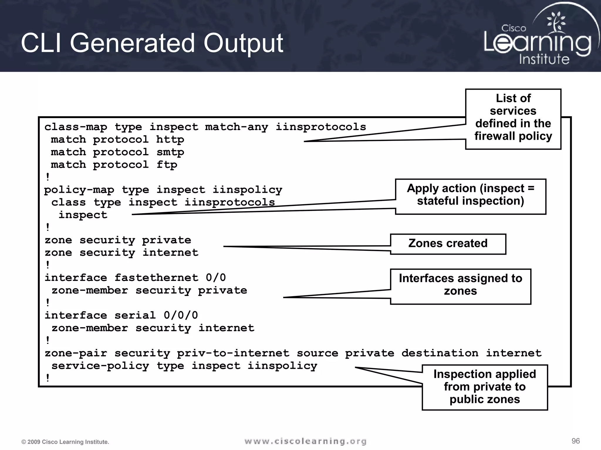 969696© 2009 Cisco Learning Institute.
CLI Generated Output
class-map type inspect match-any iinsprotocols
match protocol http
match protocol smtp
match protocol ftp
!
policy-map type inspect iinspolicy
class type inspect iinsprotocols
inspect
!
zone security private
zone security internet
!
interface fastethernet 0/0
zone-member security private
!
interface serial 0/0/0
zone-member security internet
!
zone-pair security priv-to-internet source private destination internet
service-policy type inspect iinspolicy
!
List of
services
defined in the
firewall policy
Apply action (inspect =
stateful inspection)
Zones created
Interfaces assigned to
zones
Inspection applied
from private to
public zones
 