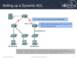 313131© 2009 Cisco Learning Institute.
Setting up a Dynamic ACL
Router(config)# access-list ACL_# dynamic dynamic_ACL_name [timeout
minutes] {deny | permit} IP_protocol source_IP_address src_wildcard_mask
destination_IP_address dst_wildcard_mask [established] [log]
 