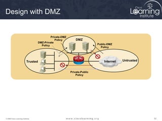 525252© 2009 Cisco Learning Institute.
Design with DMZ
DMZ
UntrustedTrusted
Private-Public
Policy
Public-DMZ
Policy
DMZ-Private
Policy
Private-DMZ
Policy
Internet
 