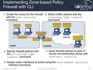 808080© 2009 Cisco Learning Institute.
Implementing Zone-based Policy
Firewall with CLI
1. Create the zones for the firewall
with the zone security
command
3. Specify firewall policies with
the policy-map type
inspect command
2. Define traffic classes with the
class-map type inspect
command
4. Apply firewall policies to pairs of
source and destination zones with
zone-pair security
5. Assign router interfaces to zones using the zone-member security
interface command
 