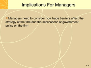 6-36
Implications For Managers
Managers need to consider how trade barriers affect the
strategy of the firm and the implications of government
policy on the firm
 