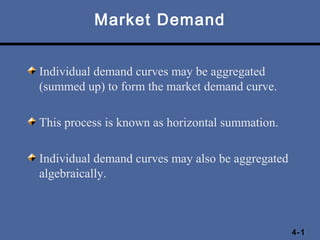 Market Demand


Individual demand curves may be aggregated
(summed up) to form the market demand curve.

This process is known as horizontal summation.

Individual demand curves may also be aggregated
algebraically.



                                                  4-1
 