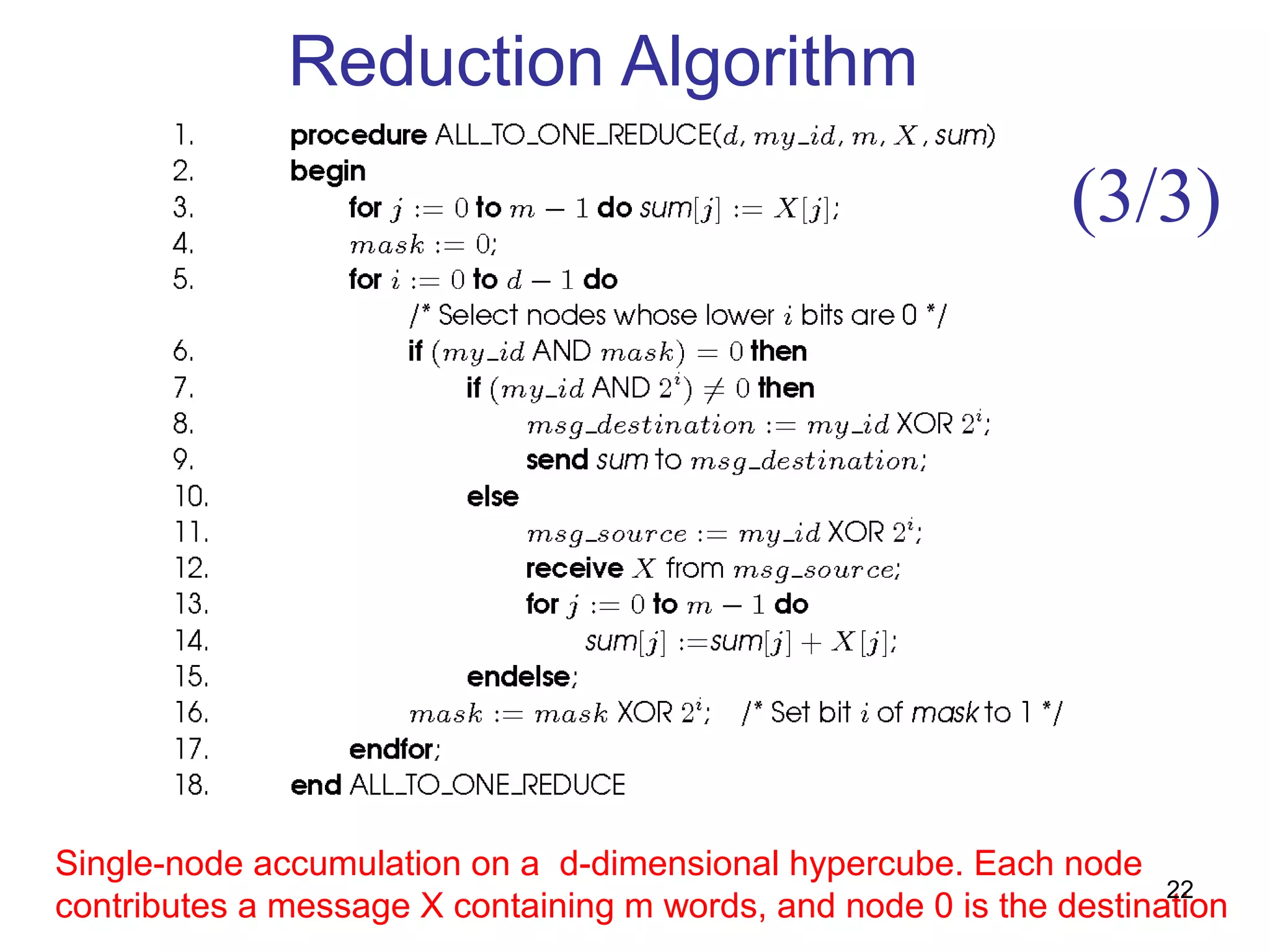 Reduction Algorithm
Single-node accumulation on a d-dimensional hypercube. Each node
contributes a message X containing m words, and node 0 is the destination
(3/3)
22
 