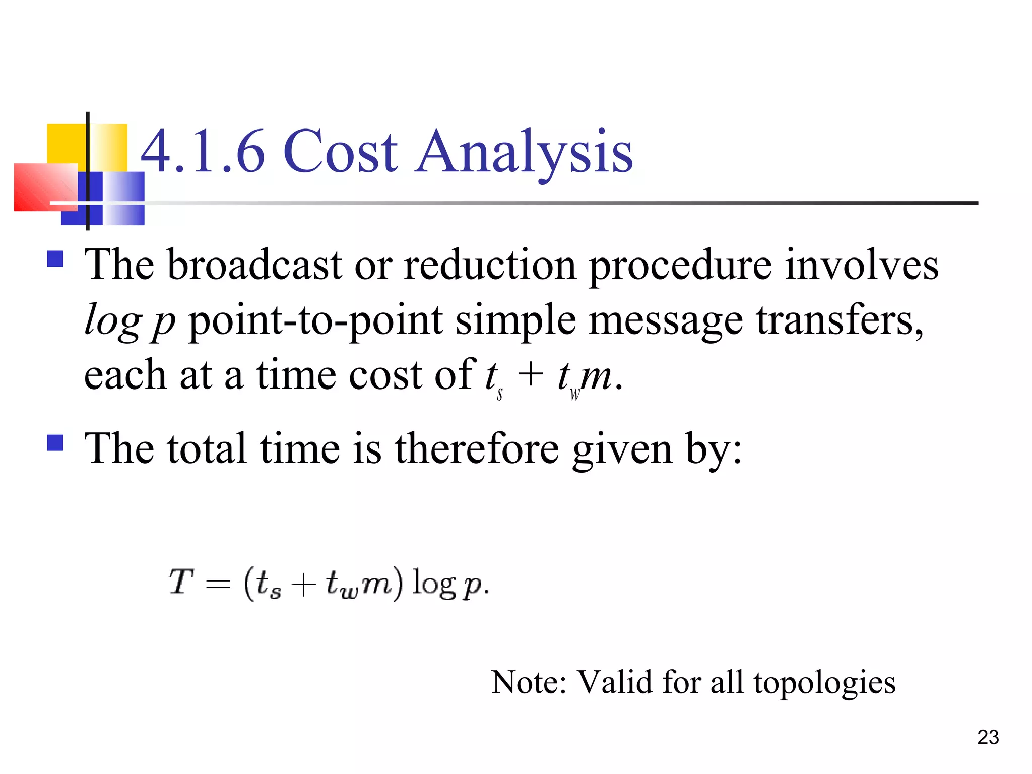 4.1.6 Cost Analysis
 The broadcast or reduction procedure involves
log p point-to-point simple message transfers,
each at a time cost of ts + twm.
 The total time is therefore given by:
Note: Valid for all topologies
23
 