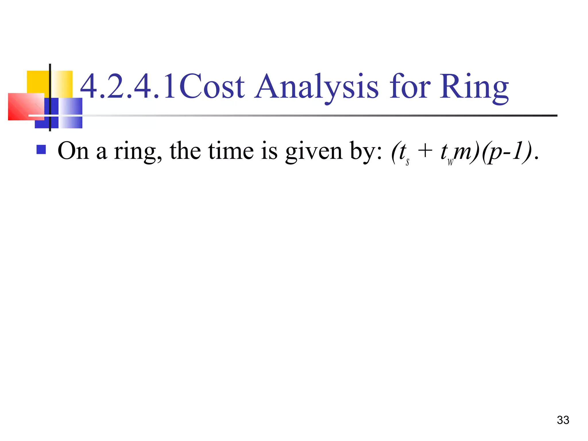 4.2.4.1Cost Analysis for Ring
 On a ring, the time is given by: (ts + twm)(p-1).
33
 