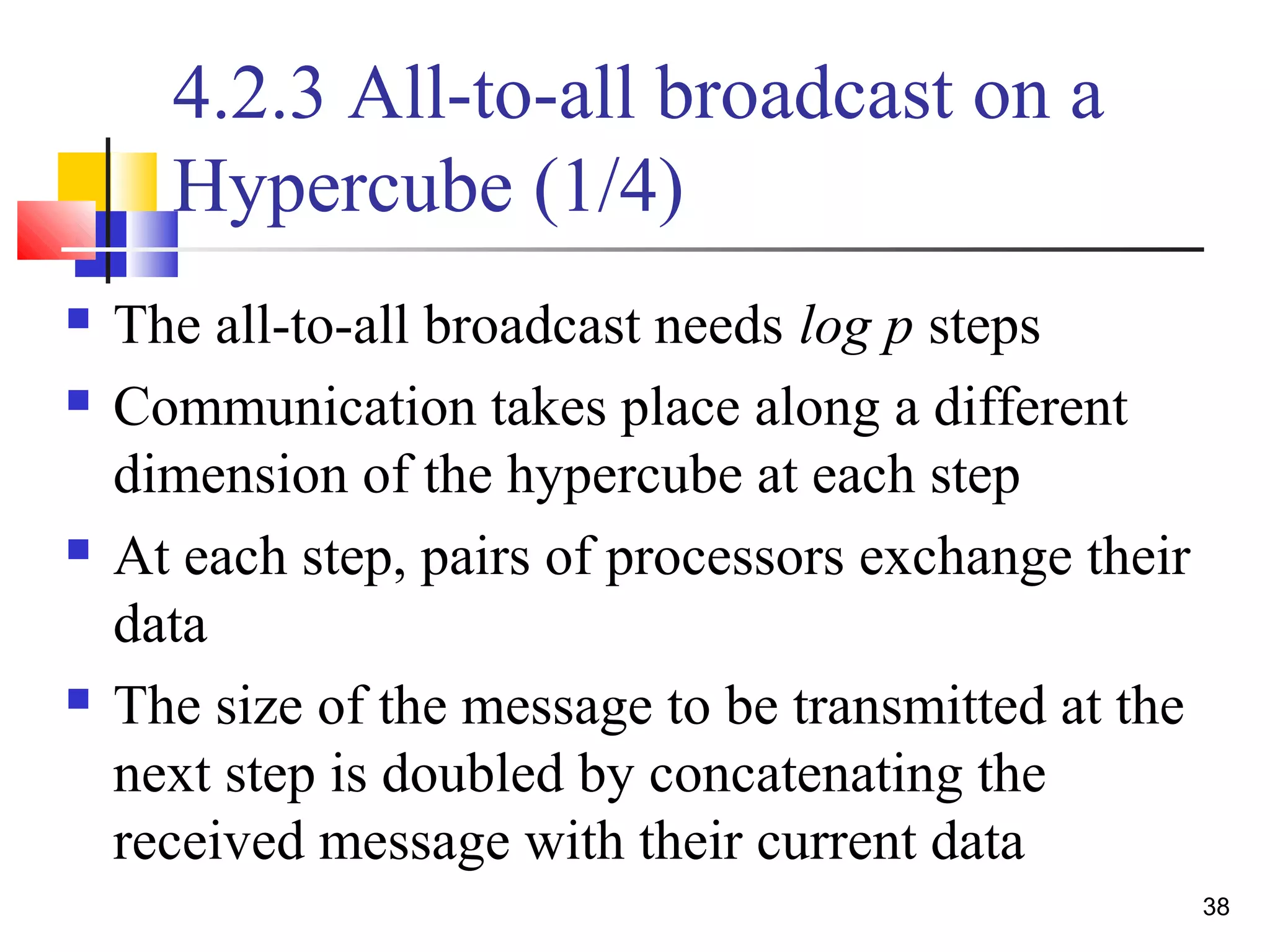 4.2.3 All-to-all broadcast on a
Hypercube (1/4)
 The all-to-all broadcast needs log p steps
 Communication takes place along a different
dimension of the hypercube at each step
 At each step, pairs of processors exchange their
data
 The size of the message to be transmitted at the
next step is doubled by concatenating the
received message with their current data
38
 