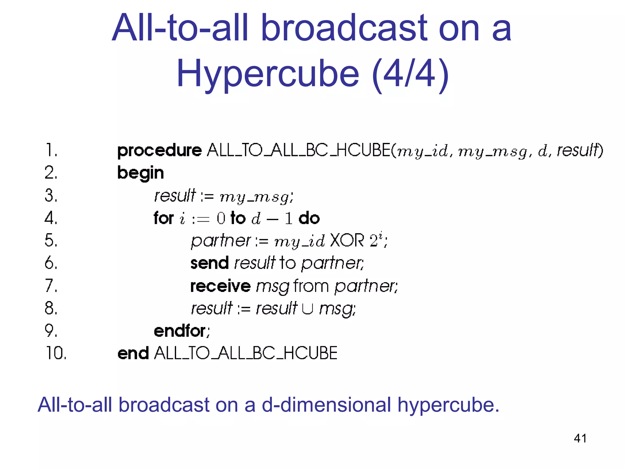 All-to-all broadcast on a
Hypercube (4/4)
All-to-all broadcast on a d-dimensional hypercube.
41
 