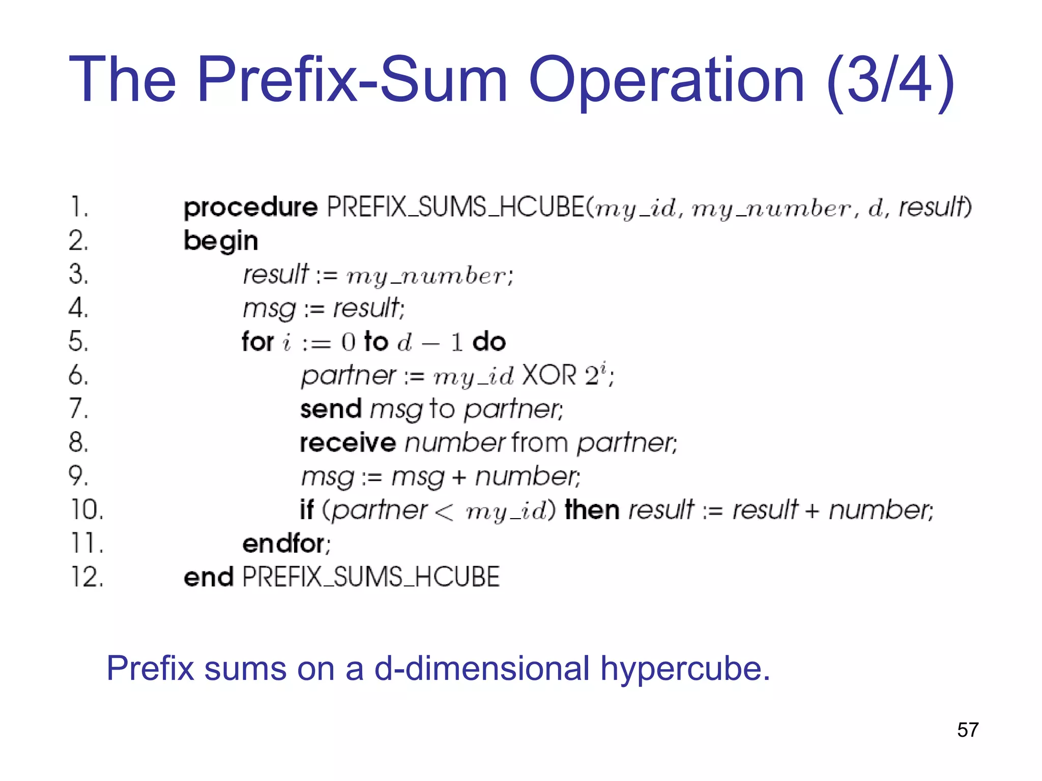 The Prefix-Sum Operation (3/4)
Prefix sums on a d-dimensional hypercube.
57
 