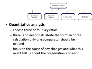 • Quantitative analysis
– choose three or four key ratios
– there is no need to illustrate the formula or the
calculation only one comparator should be
needed
– focus on the cause of any changes and what this
might tell us about the organisation's position
 