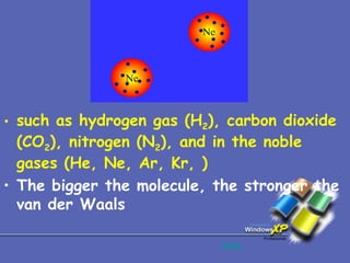 such as hydrogen gas (H 2 ), carbon dioxide (CO 2 ), nitrogen (N 2 ), and in the noble gases (He, Ne, Ar, Kr, )   The bigger the molecule, the stronger the van der Waals back 