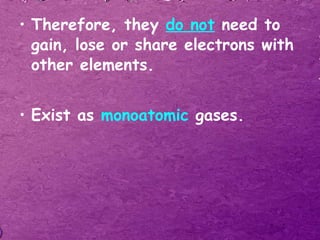 Therefore, they  do not  need to gain, lose or share electrons with other elements. Exist as  monoatomic  gases. 