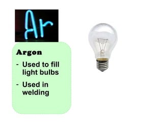 Argon  Used to fill light bulbs Used in welding 