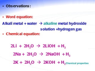 Chemical properties Observations: Word equation: Alkali metal + water     alkaline  metal hydroxide  solution +hydrogen gas Chemical equation: 2Li  +  2H 2 O     2LiOH  + H 2   2Na +  2H 2 O     2NaOH  + H 2   2K +  2H 2 O     2KOH  + H 2 