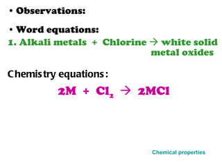 Observations:   Word equations: 1. Alkali metals  +  Chlorine    white solid    metal oxides Chemistry equations: 2M  +  Cl 2      2MCl Chemical properties 