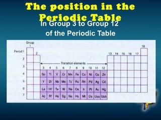 The position in the Periodic Table In Group 3 to Group 12  of the Periodic Table 