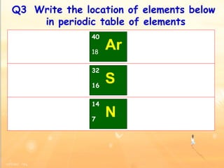 Q3 Write the location of elements below  in periodic table of elements 40 18 Ar 14 7 N 32 16 S 