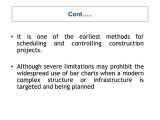 Cont…..
• It is one of the earliest methods for
scheduling and controlling construction
projects.
• Although severe limitations may prohibit the
widespread use of bar charts when a modern
complex structure or infrastructure is
targeted and being planned
 