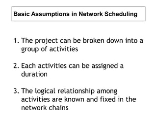 Basic Assumptions in Network Scheduling
1. The project can be broken down into a
group of activities
2. Each activities can be assigned a
duration
3. The logical relationship among
activities are known and fixed in the
network chains
 