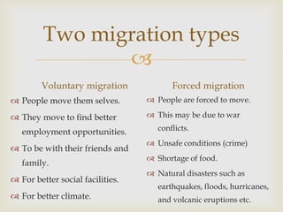 
Two migration types
Voluntary migration
 People move them selves.
 They move to find better
employment opportunities.
 To be with their friends and
family.
 For better social facilities.
 For better climate.
Forced migration
 People are forced to move.
 This may be due to war
conflicts.
 Unsafe conditions (crime)
 Shortage of food.
 Natural disasters such as
earthquakes, floods, hurricanes,
and volcanic eruptions etc.
 