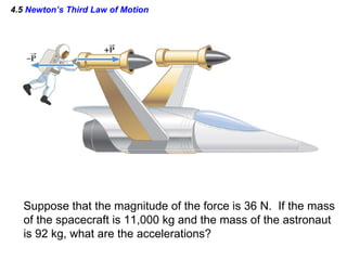 4.5  Newton’s Third Law of Motion Suppose that the magnitude of the force is 36 N.  If the mass of the spacecraft is 11,000 kg and the mass of the astronaut is 92 kg, what are the accelerations? 