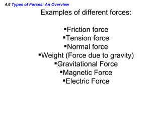 4.6  Types of Forces: An Overview Examples of different forces: Friction force Tension force Normal force Weight (Force due to gravity) Gravitational Force Magnetic Force Electric Force 