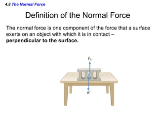 4.8  The Normal Force Definition of the Normal Force The normal force is one component of the force that a surface exerts on an object with which it is in contact – perpendicular to the surface. 