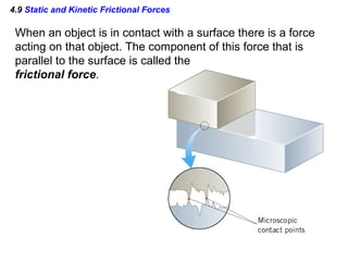 4.9  Static and Kinetic Frictional Forces When an object is in contact with a surface there is a force acting on that object. The component of this force that is  parallel to the surface is called the  frictional force . 