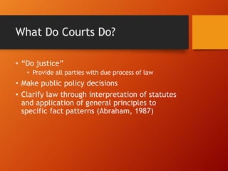 What Do Courts Do?
• “Do justice”
• Provide all parties with due process of law
• Make public policy decisions
• Clarify law through interpretation of statutes
and application of general principles to
specific fact patterns (Abraham, 1987)
 