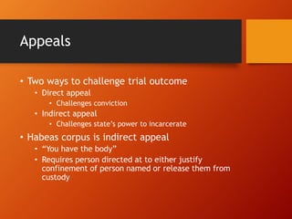 Appeals
• Two ways to challenge trial outcome
• Direct appeal
• Challenges conviction
• Indirect appeal
• Challenges state’s power to incarcerate
• Habeas corpus is indirect appeal
• “You have the body”
• Requires person directed at to either justify
confinement of person named or release them from
custody
 