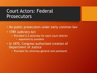 Court Actors: Federal
Prosecutors
• No public prosecutors under early common law
• 1789 Judiciary Act
• Provided U.S attorney for each court district
• Appointed by president
• In 1870, Congress authorized creation of
Department of Justice
• Provided for attorney general and assistants
 