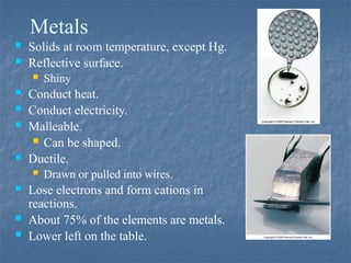 Metals
 Solids at room temperature, except Hg.
 Reflective surface.
 Shiny
 Conduct heat.
 Conduct electricity.
 Malleable.
 Can be shaped.
 Ductile.
 Drawn or pulled into wires.
 Lose electrons and form cations in
reactions.
 About 75% of the elements are metals.
 Lower left on the table.
 