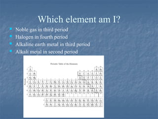 Which element am I?
 Noble gas in third period
 Halogen in fourth period
 Alkaline earth metal in third period
 Alkali metal in second period
 