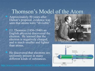 Thomson’s Model of the Atom
 Approximately 50 years after
Dalton’s proposal, evidence was
seen that atoms were “divisible”.
 J.J. Thomson (1856-1940) an
English physicist discovered the
electron. He learned that the
electron is negatively charged,
and is much smaller and lighter
than atoms.
 He discovered that electrons are
uniformly present in many
different kinds of substances.
chem.prenhall.com/trointro
http://www.youtube.com/watch?v=XU8nMKkzbT8
 