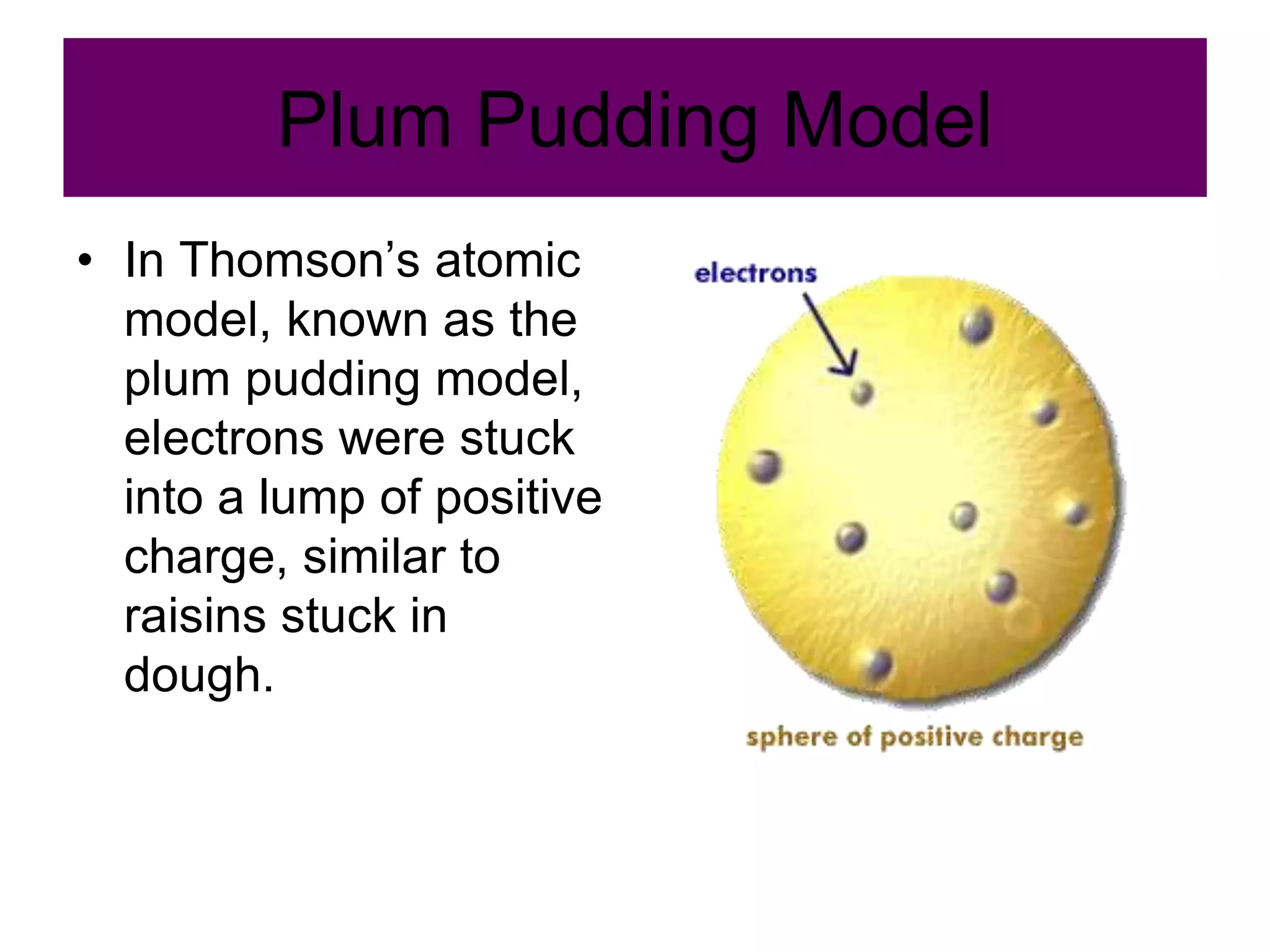 Plum Pudding Model
• In Thomson’s atomic
model, known as the
plum pudding model,
electrons were stuck
into a lump of positive
charge, similar to
raisins stuck in
dough.
 