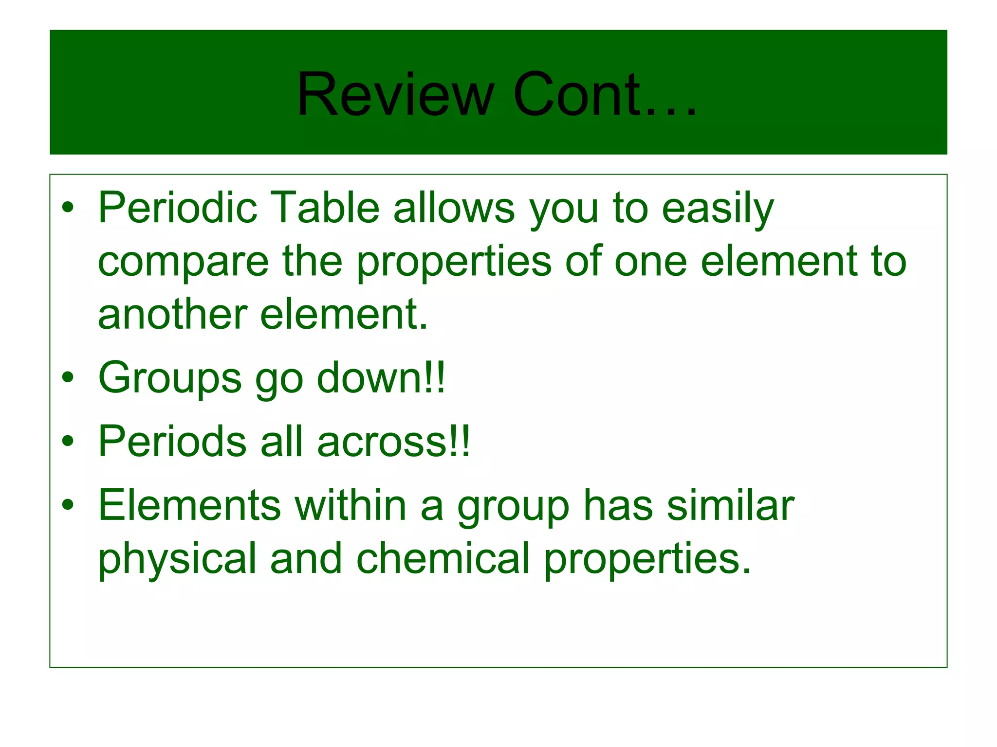 Review Cont…
• Periodic Table allows you to easily
compare the properties of one element to
another element.
• Groups go down!!
• Periods all across!!
• Elements within a group has similar
physical and chemical properties.
 