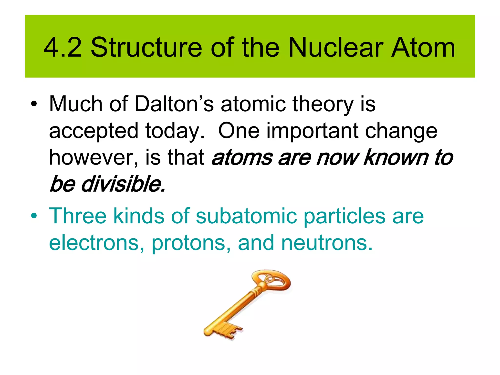 4.2 Structure of the Nuclear Atom
• Much of Dalton’s atomic theory is
accepted today. One important change
however, is that atoms are now known to
be divisible.
• Three kinds of subatomic particles are
electrons, protons, and neutrons.
 