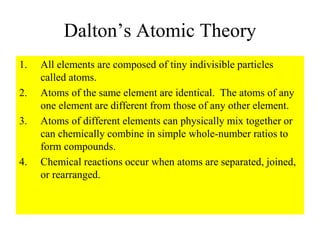 Dalton’s Atomic Theory
1. All elements are composed of tiny indivisible particles
called atoms.
2. Atoms of the same element are identical. The atoms of any
one element are different from those of any other element.
3. Atoms of different elements can physically mix together or
can chemically combine in simple whole-number ratios to
form compounds.
4. Chemical reactions occur when atoms are separated, joined,
or rearranged.
 