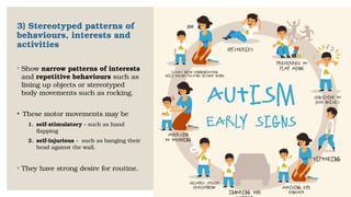 3) Stereotyped patterns of
behaviours, interests and
activities
◦ Show narrow patterns of interests
and repetitive behaviours such as
lining up objects or stereotyped
body movements such as rocking.
• These motor movements may be
1. self-stimulatory - such as hand
flapping
2. self-injurious - such as banging their
head against the wall.
◦ They have strong desire for routine.
 