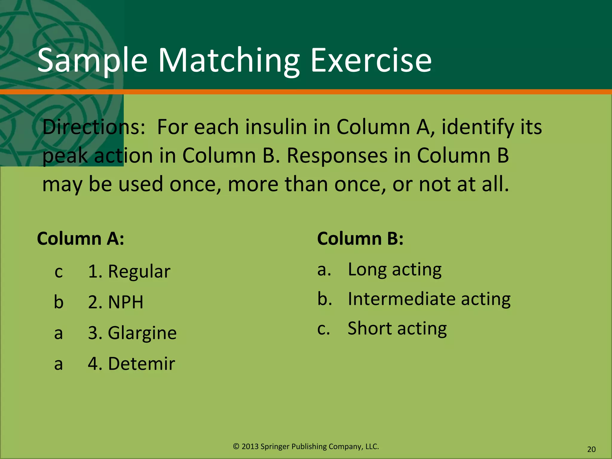 © 2013 Springer Publishing Company, LLC.
Sample Matching Exercise
Column A: Column B:
a. Long acting
b. Intermediate acting
c. Short acting
Directions: For each insulin in Column A, identify its
peak action in Column B. Responses in Column B
may be used once, more than once, or not at all.
c 1. Regular
b 2. NPH
a 3. Glargine
a 4. Detemir
20
 