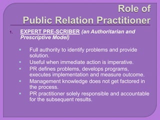 1. EXPERT PRE-SCRIBER (an Authoritarian and
Prescriptive Model)
 Full authority to identify problems and provide
solution.
 Useful when immediate action is imperative.
 PR defines problems, develops programs,
executes implementation and measure outcome.
 Management knowledge does not get factored in
the process.
 PR practitioner solely responsible and accountable
for the subsequent results.
 