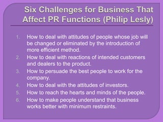 1. How to deal with attitudes of people whose job will
be changed or eliminated by the introduction of
more efficient method.
2. How to deal with reactions of intended customers
and dealers to the product.
3. How to persuade the best people to work for the
company.
4. How to deal with the attitudes of investors.
5. How to reach the hearts and minds of the people.
6. How to make people understand that business
works better with minimum restraints.
 
